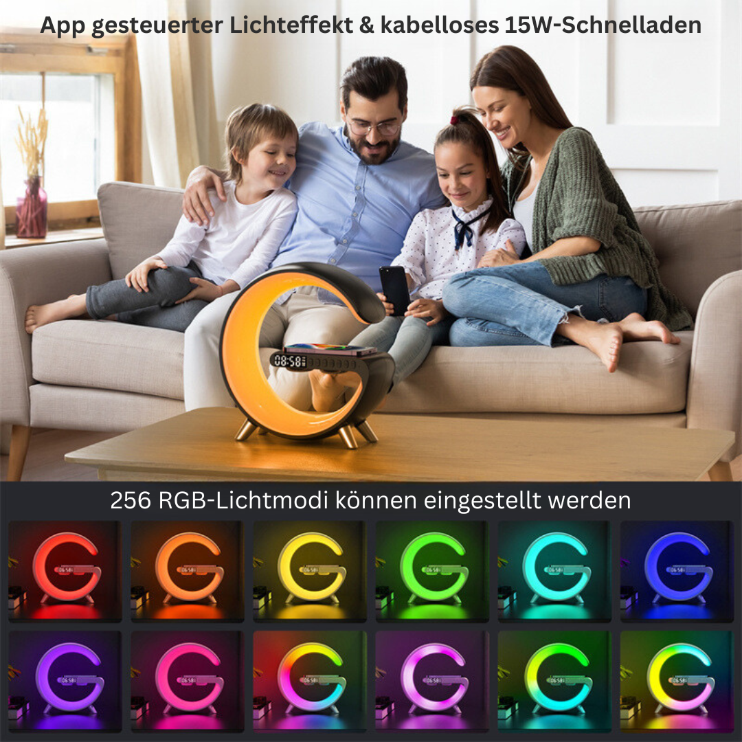 Intelligente LED-Lampe mit Bluetooth-Lautsprecher und Wireless Charging