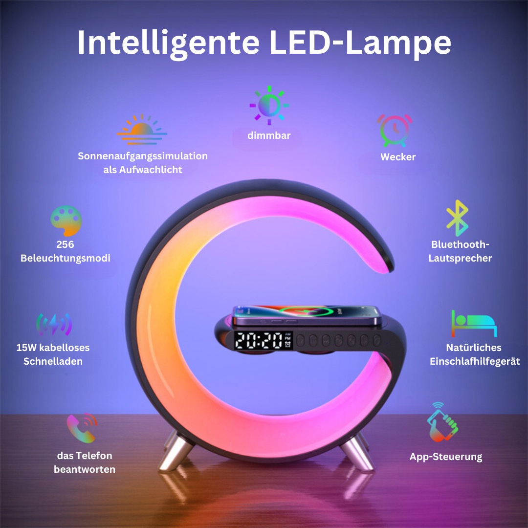 Intelligente LED-Lampe mit Bluetooth-Lautsprecher und Wireless Charging
